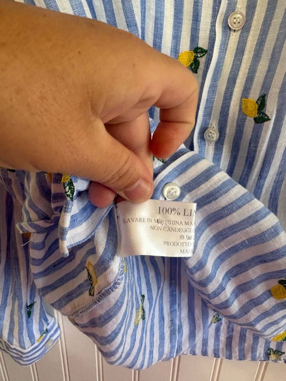 Idillio Positano 100% Linen Blue and White Striped Button-Down Shirt with Lemons - Picture 4 of 5